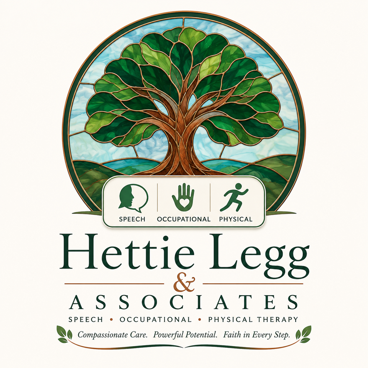 Hettie Legg and Associates stained glass tree logo